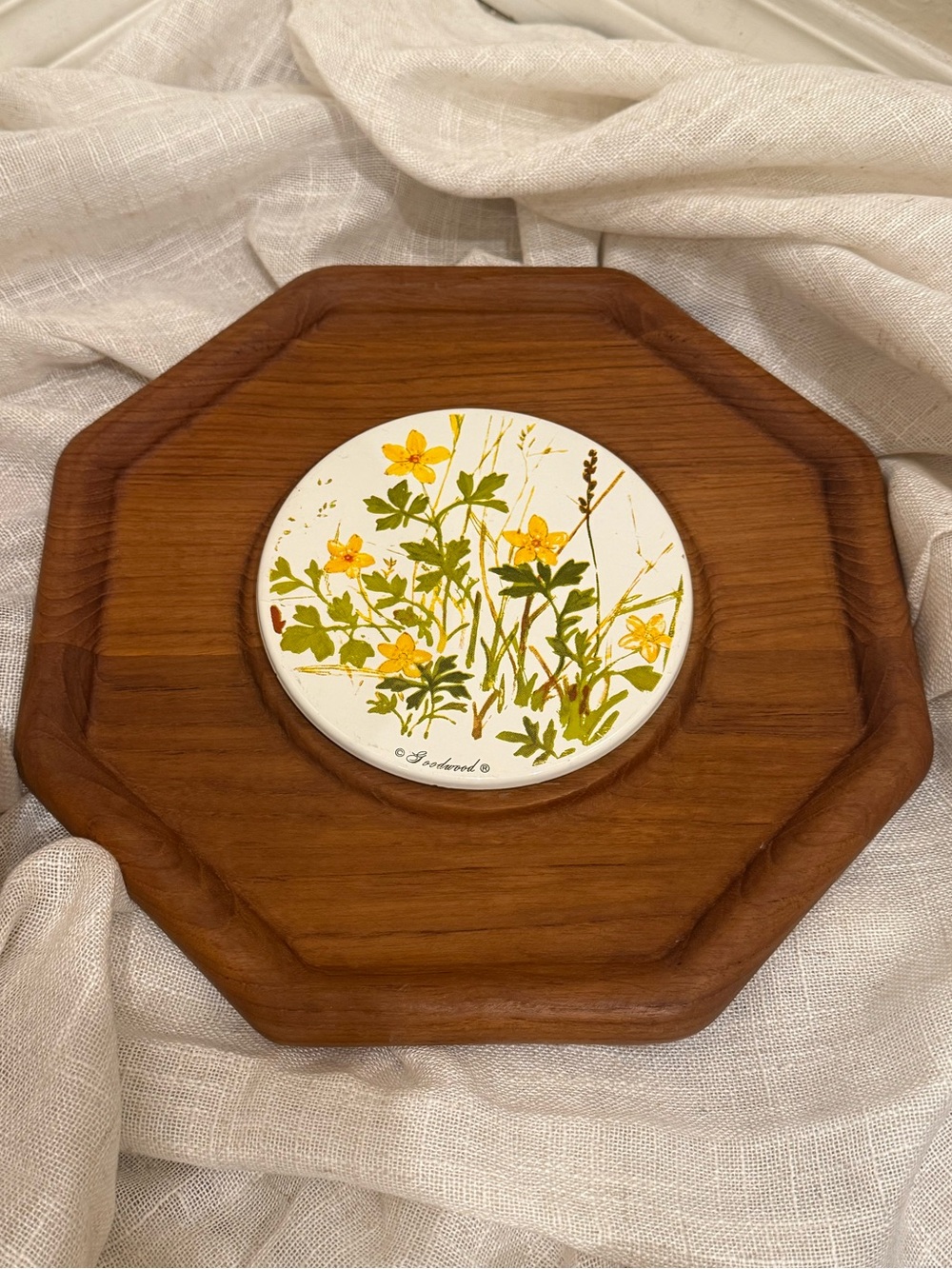 Vintage Goodwood Genuine Teak Wood Octagonal Tray w Yellow Flower Ceramic Center
